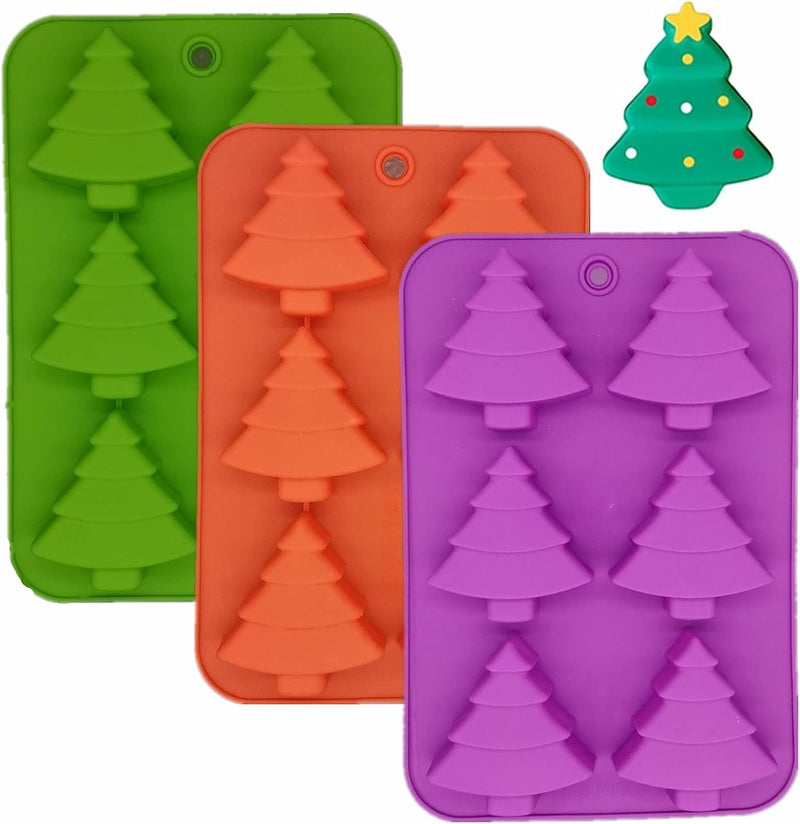 Accfore 3 Pack Christmas Tree Silicone Molds,6 Cavity Candy Baking Trays for Holiday Cakes,Candies,Gummy,Chocolates,Jelly,Soap,Ice Cube,Cookies (red, green, purple) - Image 1